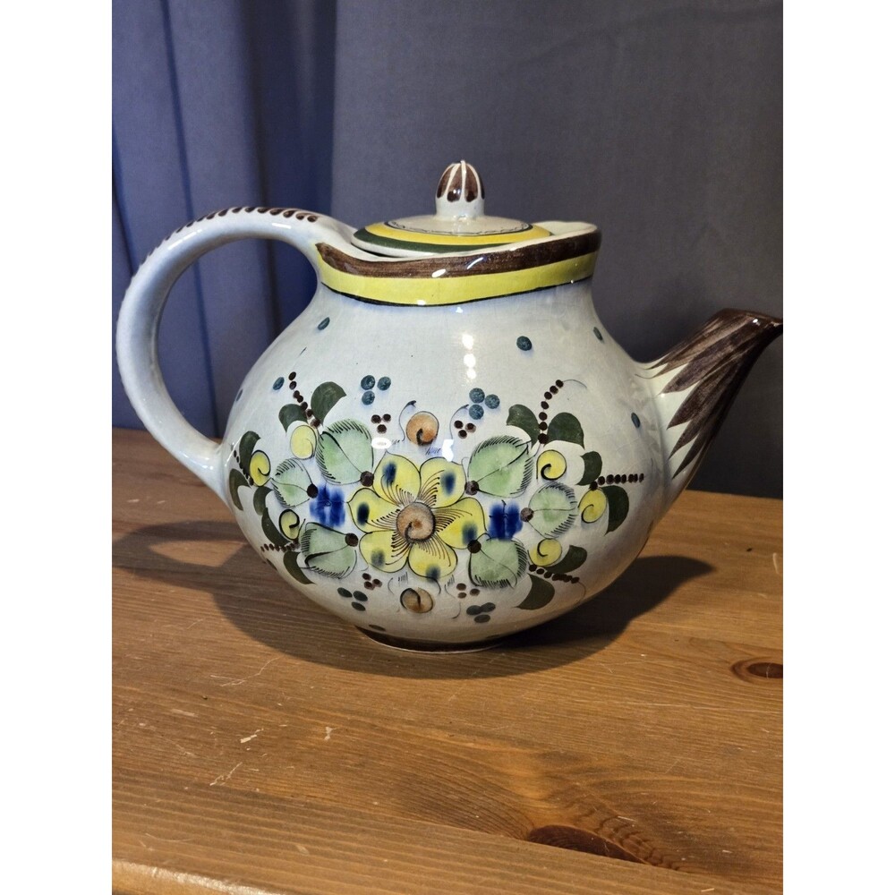 Vtg Teapot With Lid, CAT Tonala Mexico Folk Art, 6" H